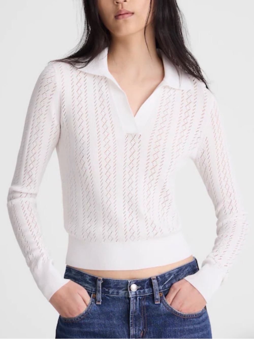 Madewell White Pointelle Long-Sleeve Polo Sweater -XS